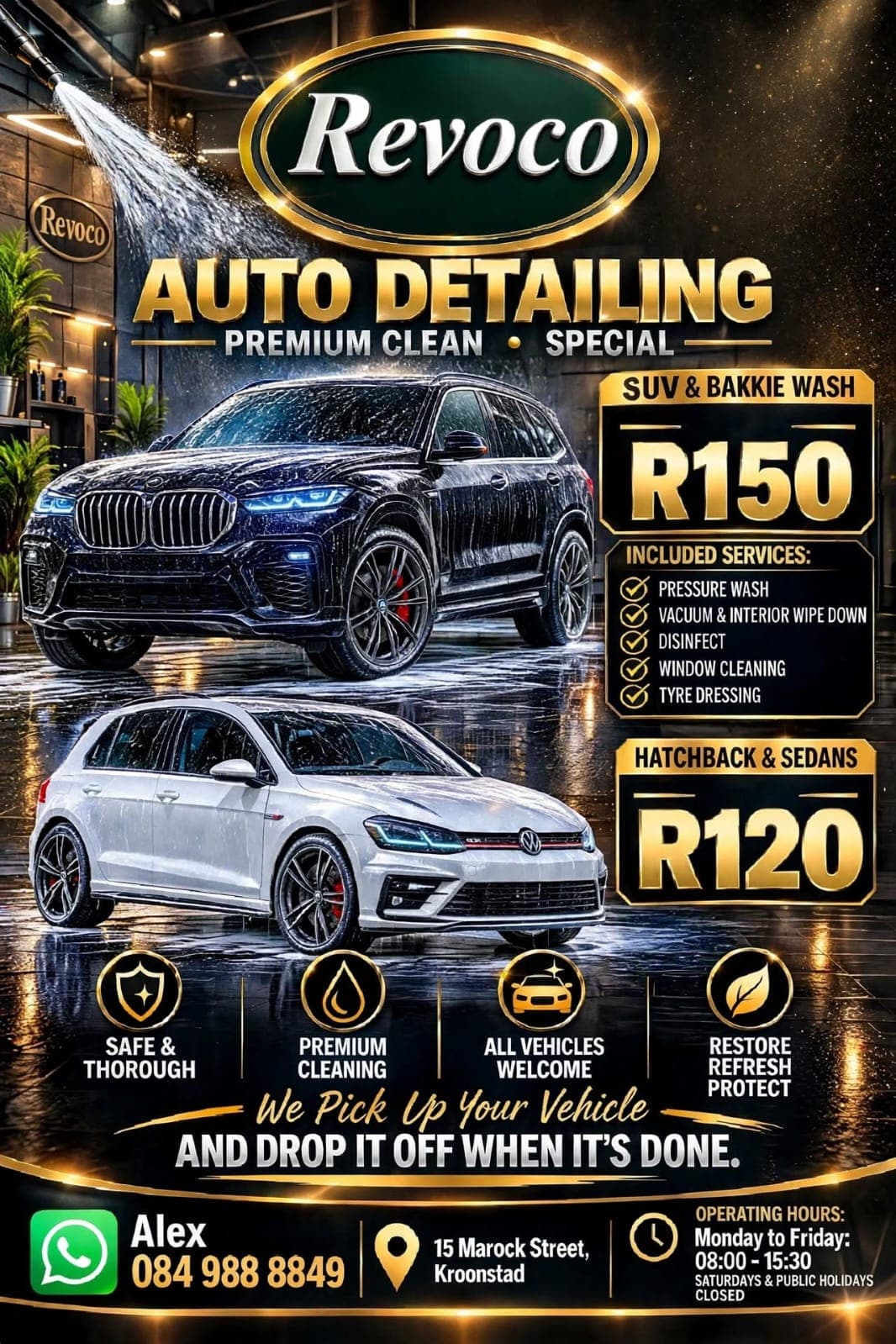 Car wash special flyer — hatchbacks & sedans R120, SUVs & bakkies R150