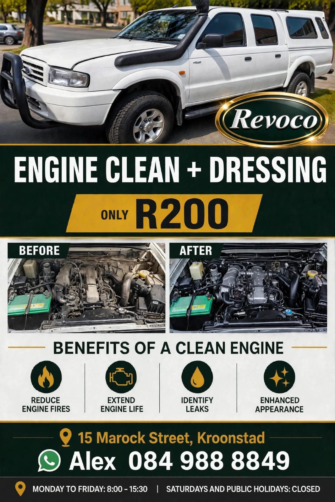 Engine clean and dressing flyer — R200, before and after