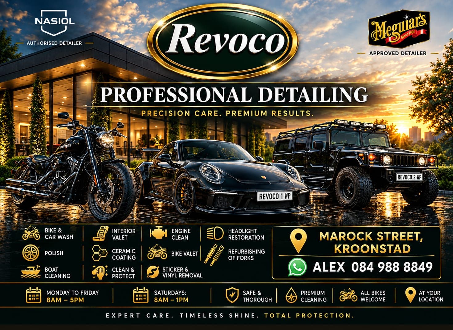 Revoco Professional Detailing — motorcycle, sports car and 4x4, with the full list of services